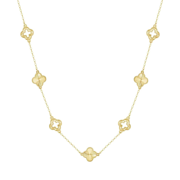 Clover Pendant Necklace in 14K gold-plated 925 silver with alternating open and sunburst clover stations, on white