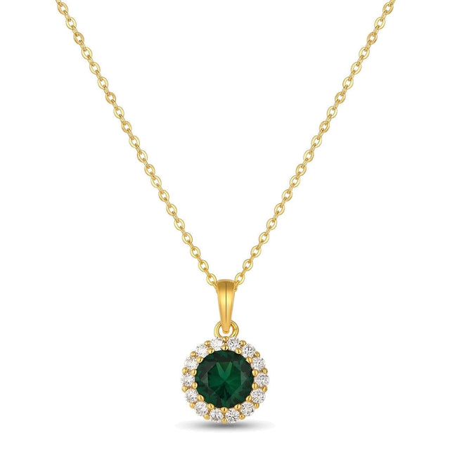 Green CZ Halo Necklace in 14K gold-plated 925 silver: a round green AAAAA cubic zirconia framed by white stones, on a fine chain