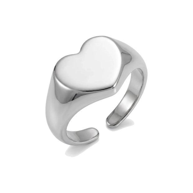 925 silver engravable heart signet ring with open adjustable band, on white
