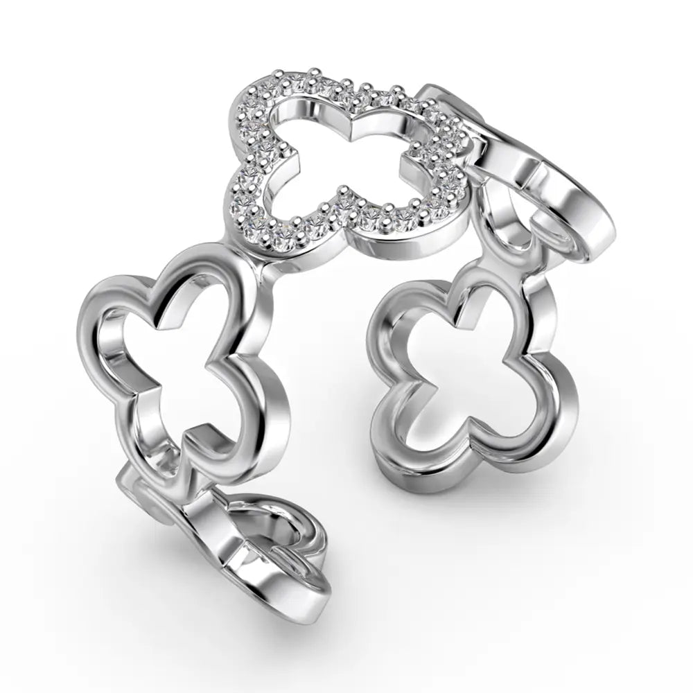 Top view of the Bloom four leaf clover ring in 925 sterling silver with rhodium plating and AAAAA cubic zirconia on white. Hallmarked Loretana piece, hand-finished in Kaunas.