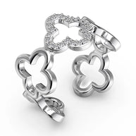 Top view of the Bloom four leaf clover ring in 925 sterling silver with rhodium plating and AAAAA cubic zirconia on white. Hallmarked Loretana piece, hand-finished in Kaunas.