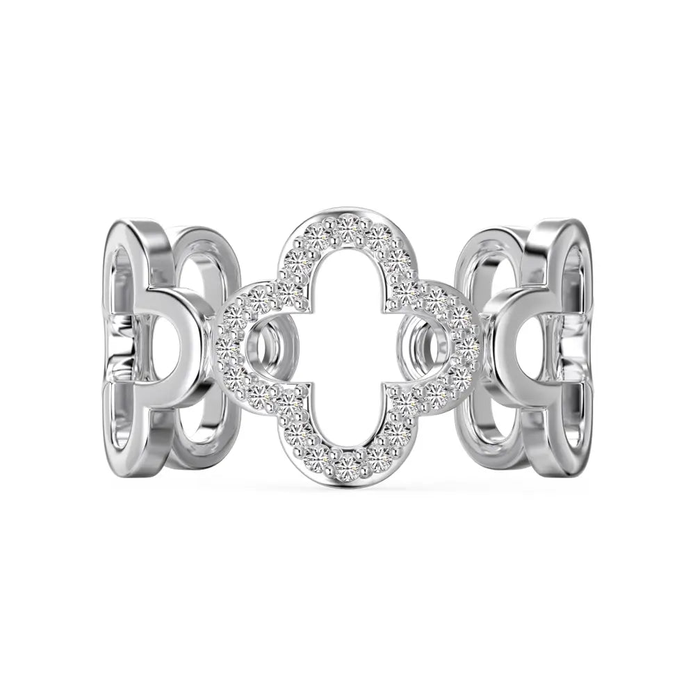 Side view of the silver Bloom clover ring showing the open-back adjustable 925 silver band with rhodium plating. Hallmarked Loretana piece, hand-finished in Kaunas.
