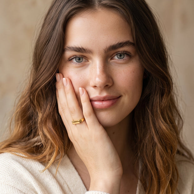 Model wearing the Engravable Rectangle Ring, Adjustable in 14K gold-plated 925 sterling silver