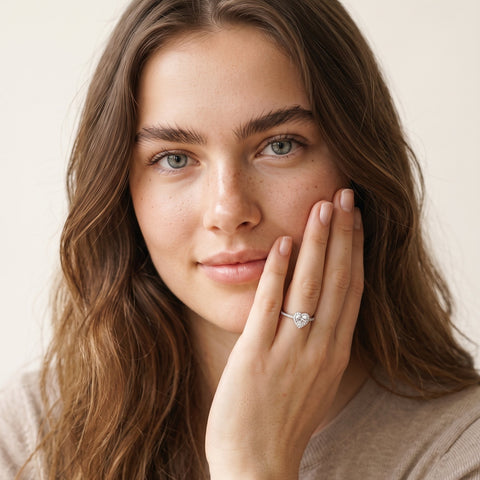 Model wearing the White CZ Heart Ring in 925 sterling silver
