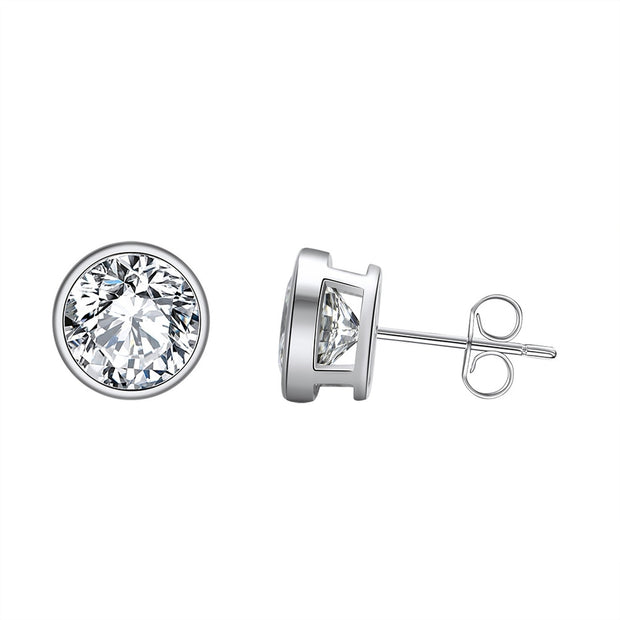 925 sterling silver round bezel-set solitaire CZ stud earrings, 8 mm, on a white background.